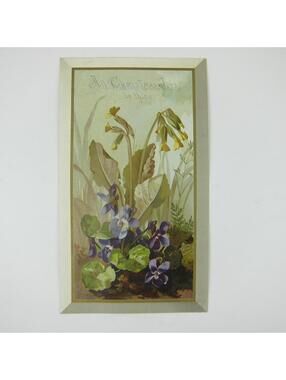 Victorian Christmas Card Flowers Violets Purple Green Leaves Girl Bonnet Antique